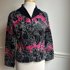 CHICO’S Floral Pink Black Gold Silk Satin Blend Jacket Blazer Women’s Size 1 Sm